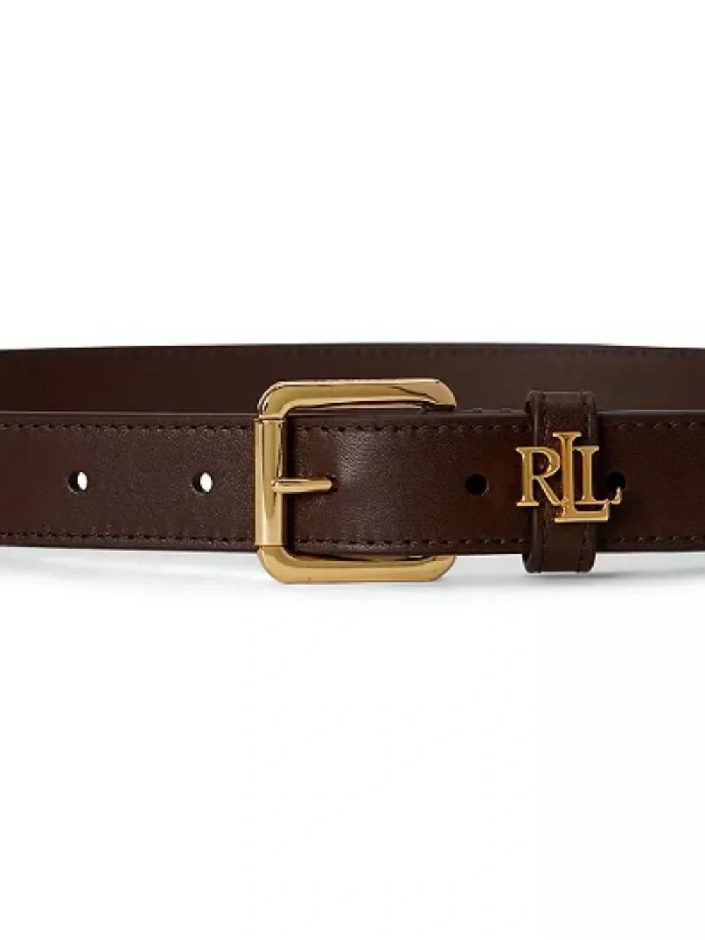 Ralph Lauren Women's Logo-Keeper Leather Skinny Brown Leather Belt with Gold $85